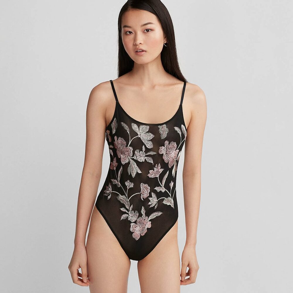 Express Sheer Black Embroidered Bodysuit | XS